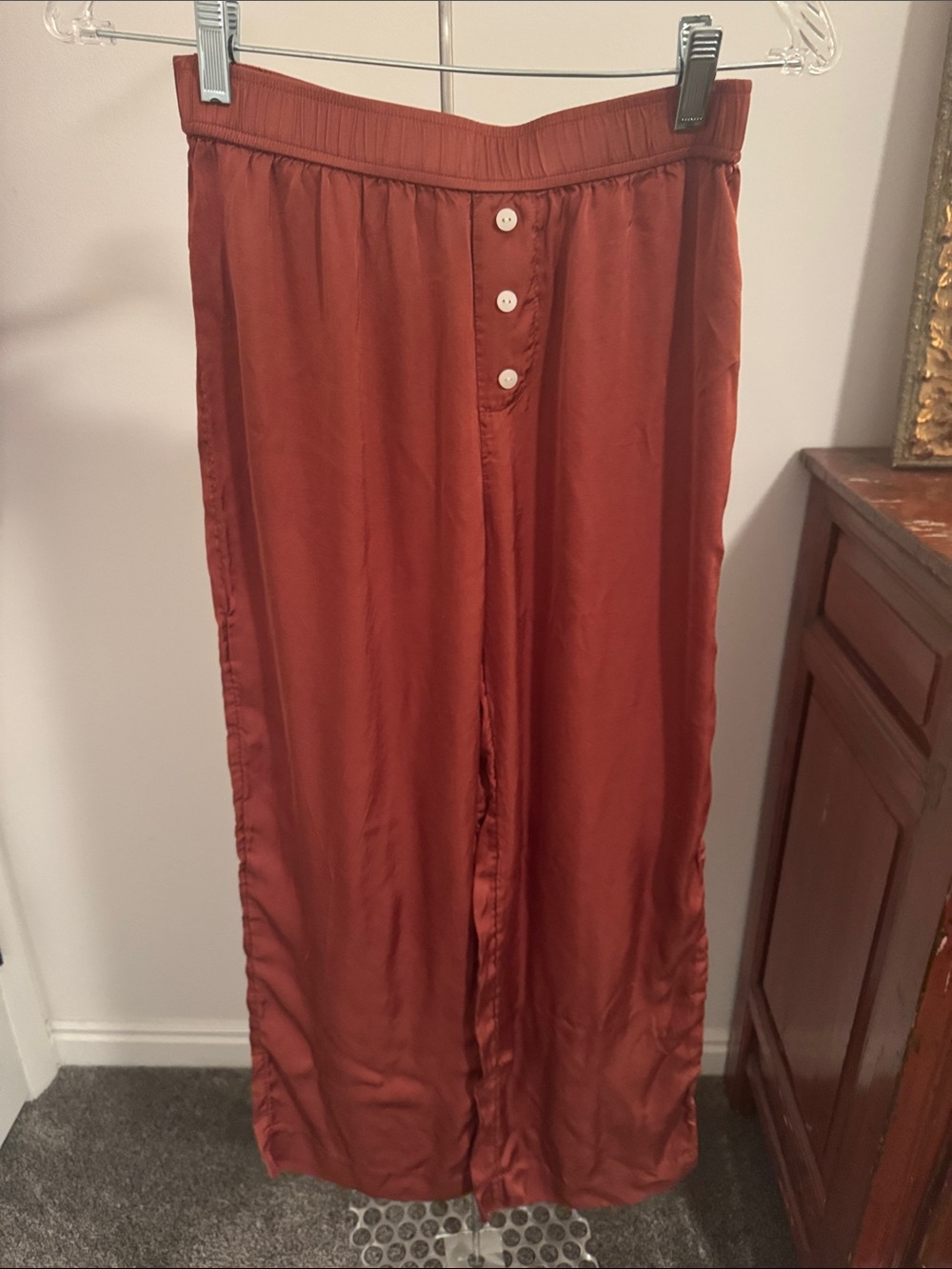Anthropologie Rust Satin Wide-Leg Faux Button Front Pajama/Lunge Pants